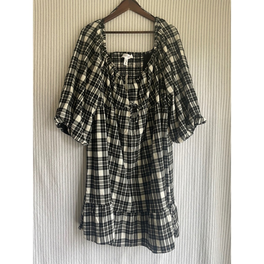Addition Elle Black White Plaid Smocked Babydoll Dress Plus 3X New With Tags